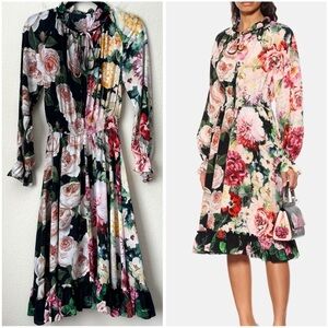 Dolce & Gabbana Silk Mixed Floral Print Long Sleeve Midi Dress